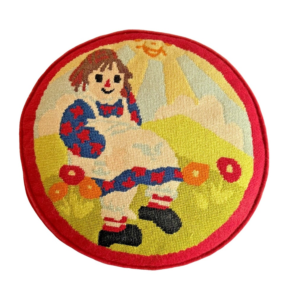 Vintage Needlepoint Round Pillow Raggedy Ann Style Americana Folk Art Decor‎